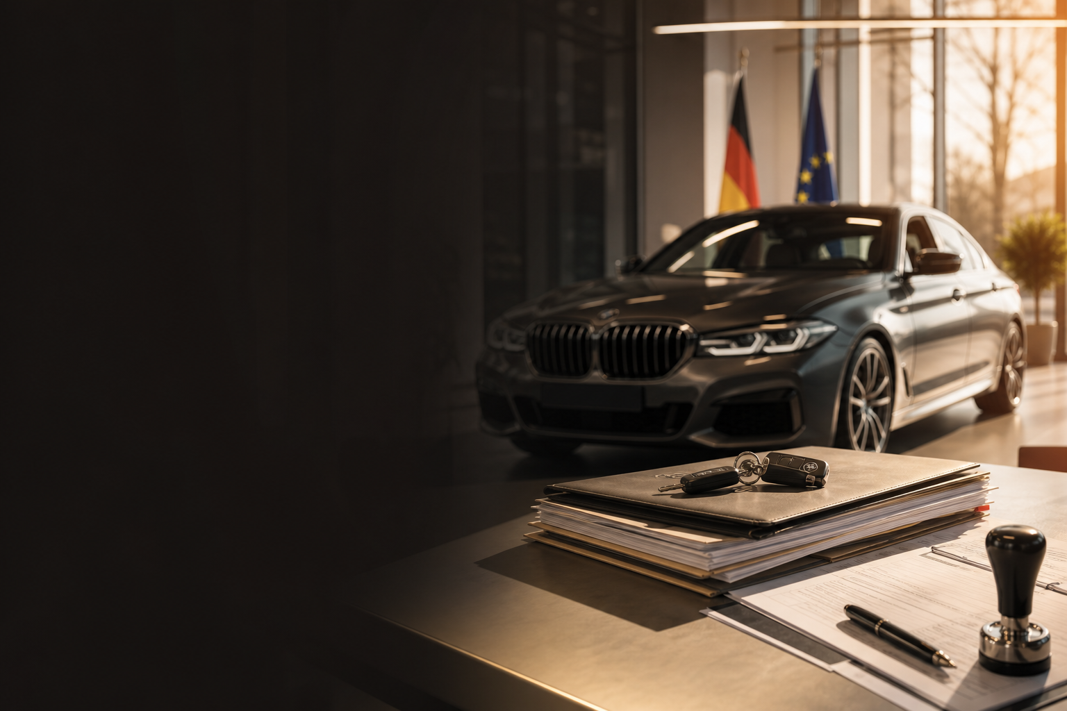 Imagem de um carro europeu em ambiente de compra e documentação